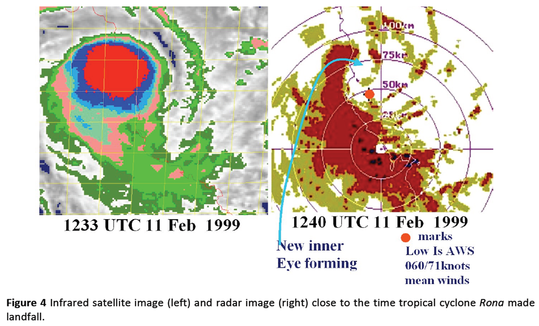 Infrared satellite image (left) and radar image (right) close to the time tropical cyclone Rona made landfall.